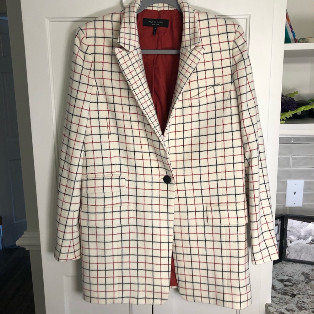 Rag & Bone Women's Wool Cream and Red Check Blazer